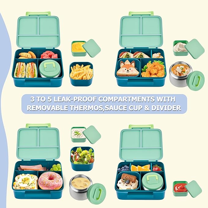Bento Lunch Box for Kids with Thermos, Leakproof Bento Box with 8oz Insulated Food Jar, Insulated Bottle, Lunch Bag, BPA Free Dishwasher Safe 4 Compartment Container for School Girls Boys (Green)