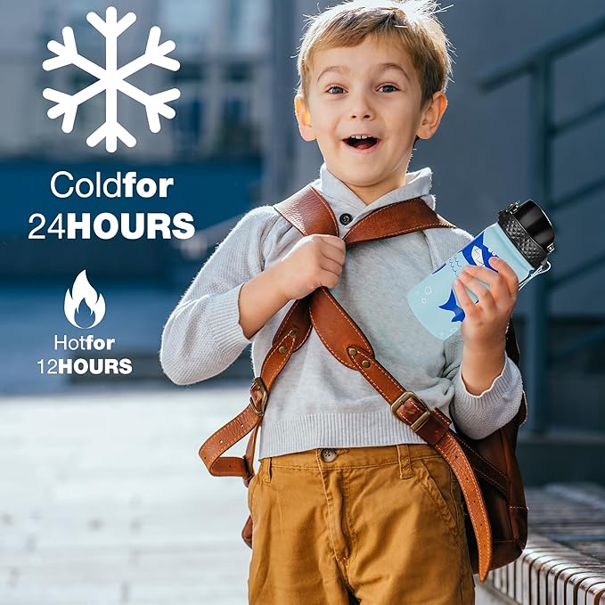 GOPPUS Kids Water Bottle (Straw Lid) - 14 Oz Stainless Steel Travel Bottle, Double Wall Vacuum Leak Proof Kids Cup for School Boys Girls,Iron Shark