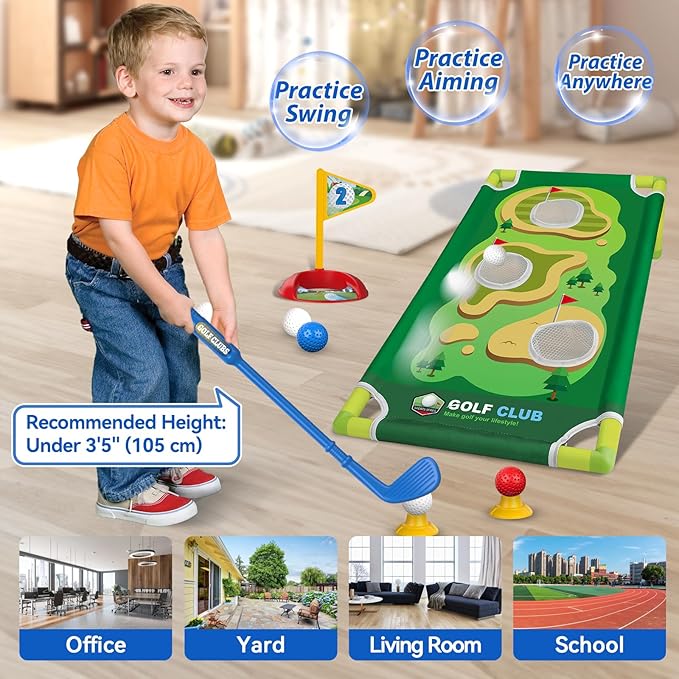 Liberry Toddler Golf Set for 2 3 4 5 Years Old Boys Girls, Upgraded Kids Golf Cart with Golf Cornhole Board & Putting Mat, Indoor and Outdoor Golf Toys Birthday Gift