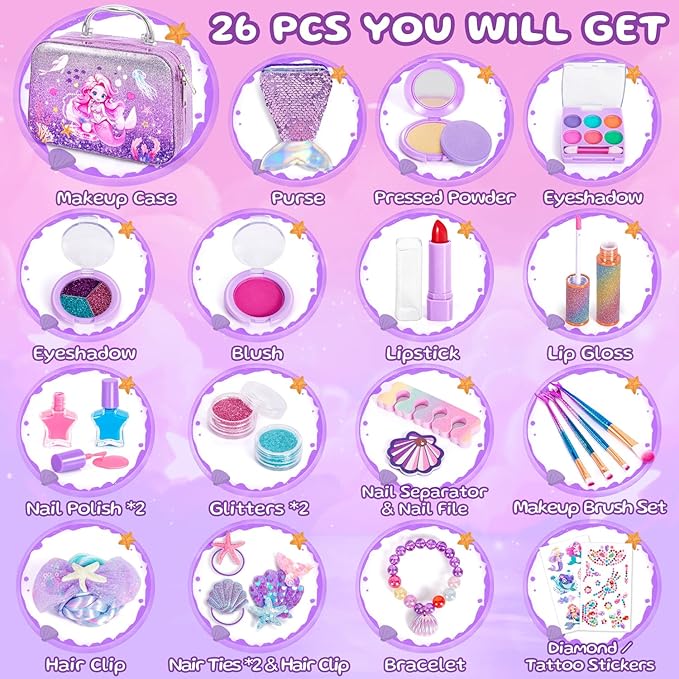 Kids Makeup for Toddlers Toys, Washable Make Up Set Non-Toxic Mermaid Toys for Girls, Kids Hair, Nail Polish, Brushes, Purse Accessories, Princess Christmas Birthday Gift Toys for Girls 3+