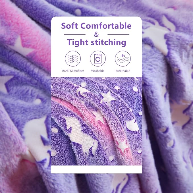 QSTEHEML Unicorns Glow in The Dark Blanket for Girls,Unicorn Gifts for Girls Age 3 4 5 6 7 8 9 10 11 12 Year Old, Soft Unicorns Purple Blanket - Christmas Birthday Bedroom Decor 50"×60"