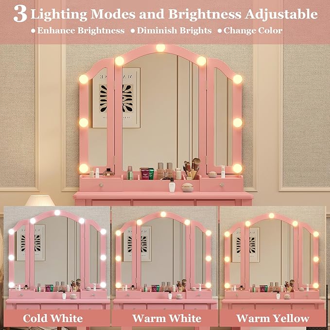Vanity with Lights Girls Vanity Desk Set with Drawers Makeup Vanity Desk with Mirror and Lights Make Up Pink Makeup Vanity for Girls Table with Stool