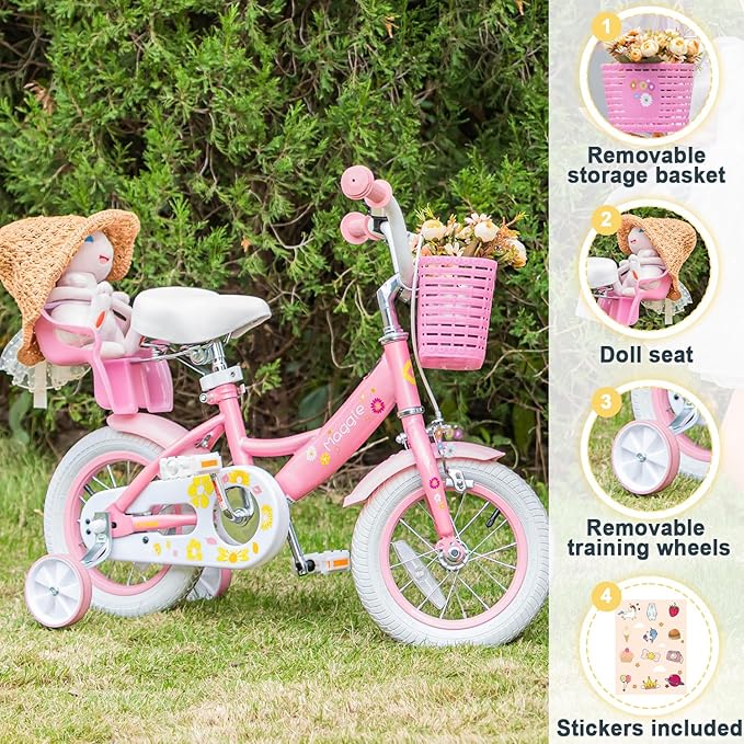 Glerc Maggie Girls Bike, 12-20 Inch Kids Bike for 2-13 Years Old Children, Princess Style Kids Bicycle with Doll-Seat & Basket & Training Wheels, Multiple Colors