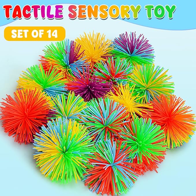 14PCS Stringy Balls, Sensory Stringy Ball, 2.75 inch Soft Rainbow Pom Bouncy, Stocking Stuffers for Kids, Monkey Pom Balls Fidget Toys Stress Ball, Birthday Gifts for Boys, Girls Ages 3+