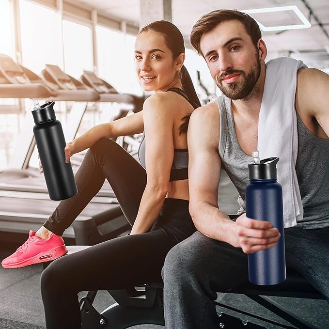 VEGOND 40 oz Insulated Stainless Steel Metal Water Bottle with Leak Proof Straw Lid & Spout Lid, Wide Mouth Double Walled Vacuum Travel Sports Bottle, Navy Blue