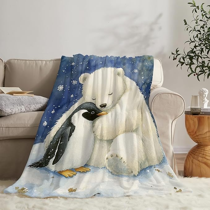 White Bear Blanket Ultra Soft Cozy Penguin Polar Bear Throw Blanket Fleece Fuzzy Plush Animal Blanket Decor Gifts for Women Girls Adults Couch Sofa 80"x60"
