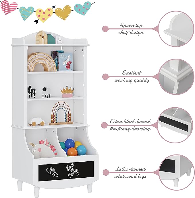 UTEX Wood Open Bookshelf and Toy Storage, Bookcase with Blackboard and Cubbies, Toy Organizer Cabinet, Bookshelves Display Stand for Toddlers, Kids, White
