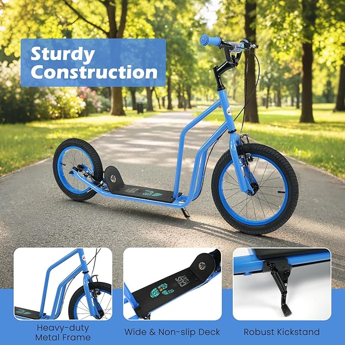 GYMAX Youth Scooter, Height Adjustable Kick Scooters with Extra Large Inflatable 16” Front & 14” Rear Wheels, Dual Hand Brakes & Kickstand, Heavy Duty Scooter for Teens Adults