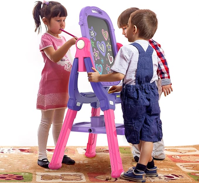 Easel for Kids, Toddler Art Easel Adjustable Standing, Magnetic Double Sided Easel with Painting Accessories Gift for Boys and Girls (Purple red)