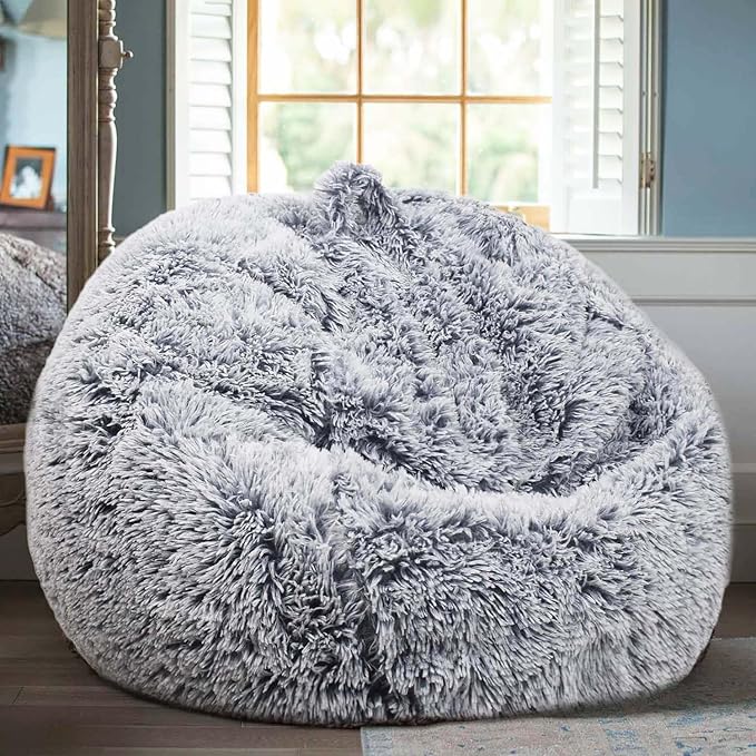 Fluffy Bean Bag Chair for Kids, 2.5FT Round Memory Foam Filled Bean Bag for Teens & Kids, Ultra Soft Faux Fur Fabric Bean Bag Chairs for Playroom, Living Room, Bedroom, Gray