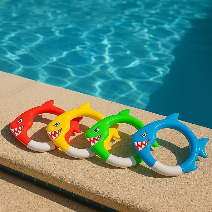 4-Pack Shark Dive Rings – Sinking Swimming Pool Toys for Kids, Toddlers, Boys & Girls | Colorful Underwater Fish Rings for Diving Pool Games, Swim Training, Beach & Bath Play