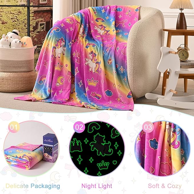 Lotus Karen Unicorn Glow in The Dark Blanket Unicorn Toys Girl Gifts for 1 2 3 4 5 6 7 8 9 10 11 12 Year Old Kids Blanket with Stars Cloud Crown Bow Birthday Halloween Room Decor（Rainbow 50"×60"