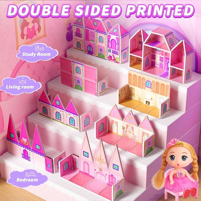 Magnetic Tiles Doll House Building Toys Set with Double Sided Printed Design, Play House Magnetic Blocks for Kids Ages 3-5 4-8, STEM Educational Sensory Magnet Toys Birthday Gifts for Girls