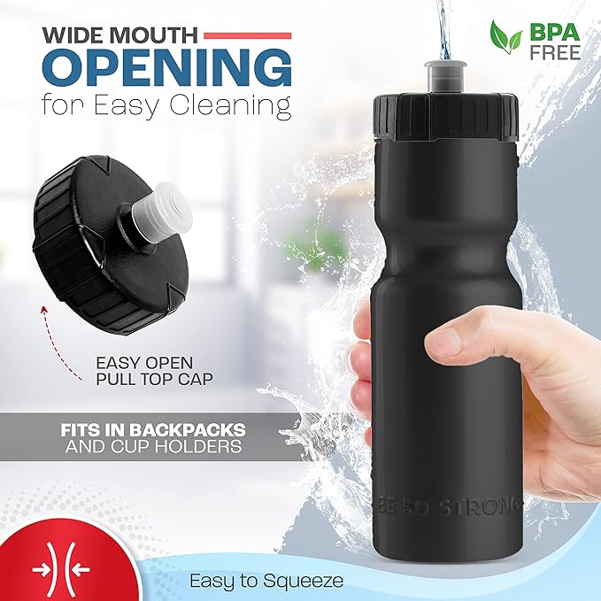 Bike Water Bottle Holder & Bottle Combo – 2-Pack 22 oz Sports Squeeze Bottles with Pull Top Cap & Easy-Install Bike Cage – Made in USA – 50 Strong Brand