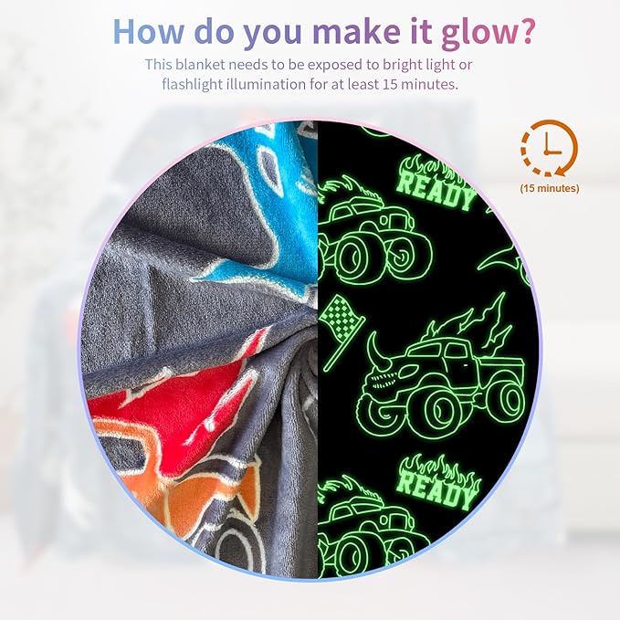Truck Blanket for Boys, Glow in The Dark Blanket for Kids/Toddler/Baby, Soft Fleece Blankets and Throw, Birthday 40"x 50"