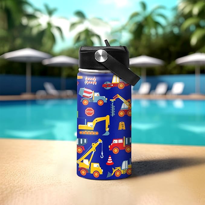 Kids Water Bottle with Straw Construction Insulated Water Bottles 12oz Stainless Steel Travel School Tumbler Double Wall Vacuum Cup for Boys Kid