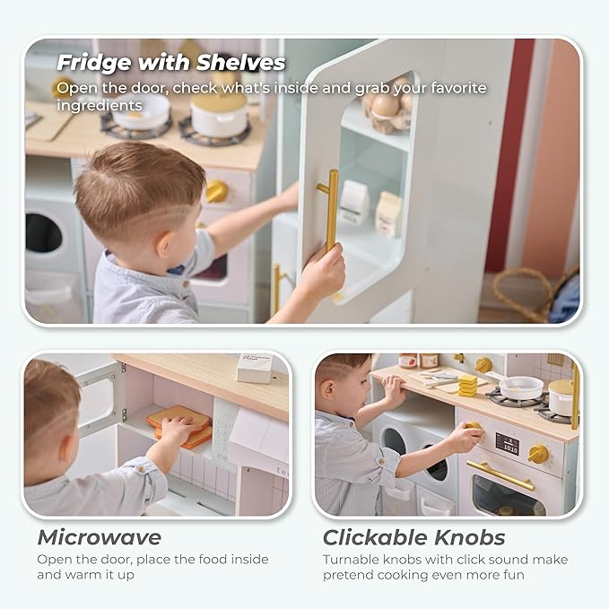 Teamson Kids Little Chef Savannah Wooden Montessori Pretend Play Kitchen for Toddlers Kids Ages 3+ Modular Three-Piece Set with Sink Cart Stove & Fridge for Boys and Girls Playset, Green