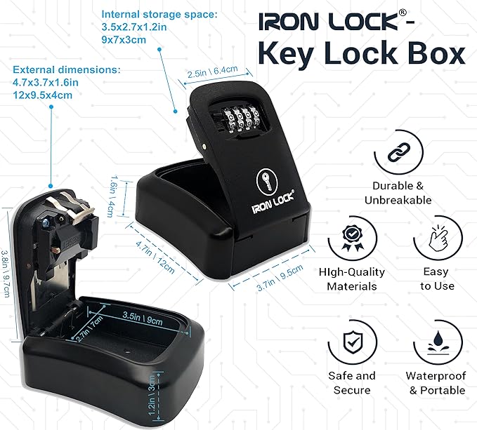 Iron Lock® Wall Mount Key Lock Box for Keys 4 Digit Combination with Resettable Code with A B Switch Indoor Outdoor Waterproof House Key lockbox for Spare House Keys 5 Capacity (Medium, Black)