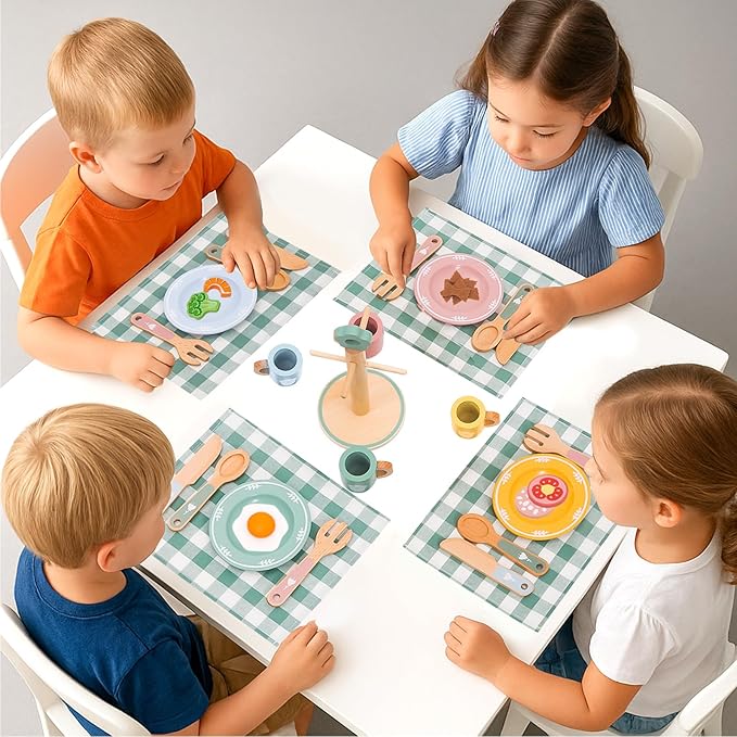 Wooden Play Kitchen Accessories Set with Detachable Dish Rack and Utensil Holder - Complete Set for Toddlers 3-5, Includes Plates and Cups, Colorful Cutlery for Pretend Play, Ideal Gift