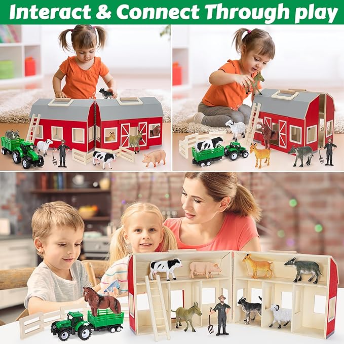 GMAOPHY Farm Animals Toys for 3+ Year Old Toddlers Girls Boys, Big Wooden Barn Farm with Figures Animals Toy for Kids, Farm Playset Educational Learning Toys, Ideal Christmas Birthday Gifts