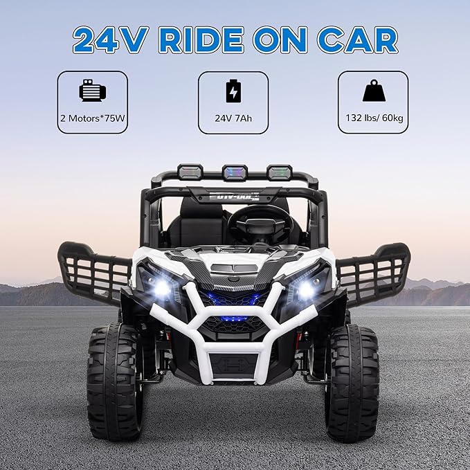 Qaba 24V 2 Seater Ride on Car, Electric Off-Road UTV Truck w/Parent Remote Control, Music, Lights, Ride on Toy for Kids Ages 3-8, White