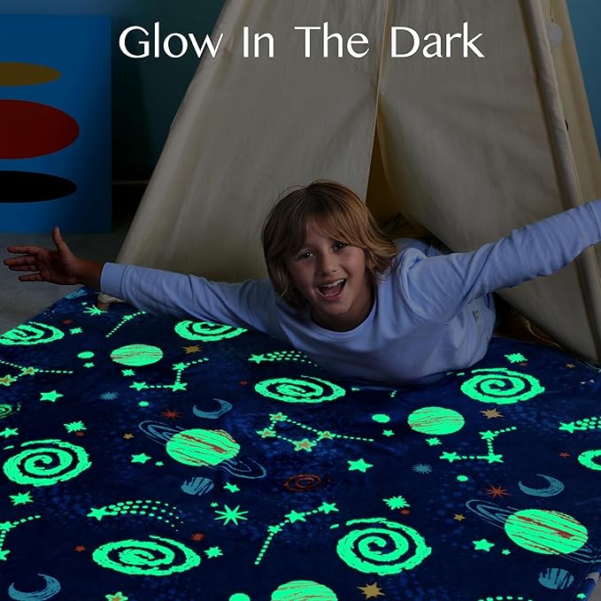 Joiedomi Glow in The Dark Blanket Space Gifts for Girls Boys Age 2 3 4 5 6 7 8 9 10 11 12 Year Old Boy Gifts, Soft Cozy Flannel Kids Throw Blanket, Birthday Bedroom Decor 50"×60"