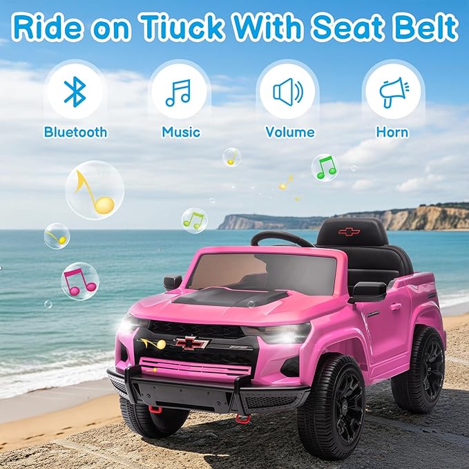 Winado Licensed Chevrolet Colorado Electric Car for Kids, 12V Ride on Toys for Toddlers with Remote Control, Battery Powered Electric Car Ride On Vehicle w/Bluetooth, Soft Start, LED Lights - Pink