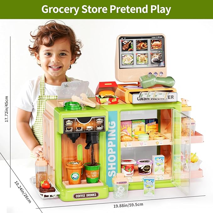 Play Food Store Toys for Kids, Pretend Play Grocery Store with Kids Cash Register with Touchscreen Voice Order, Toy Foods, PlayMoney, Interactive Preschool Toys for Boys Girls Gifts 3+