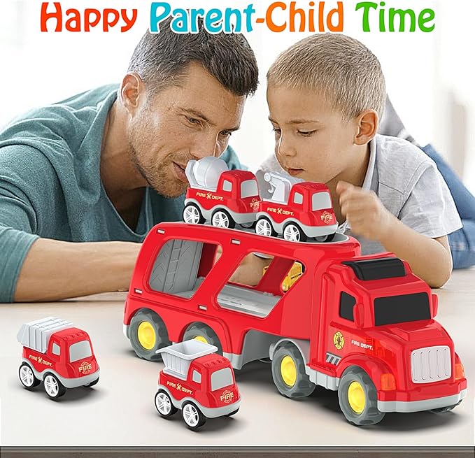 Veslier Toddler Car Toys for 3 4 5 Years Old Construction Transport Truck with 4 Pack Small Pull Back Construction Vehicles Friction Power Cars Christmas Birthday Gifts for Kids Boys Girls