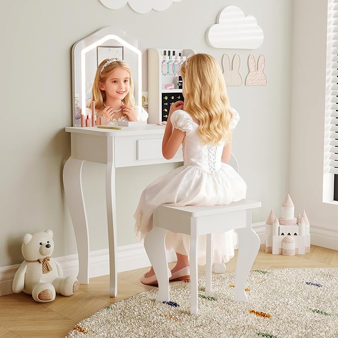 Garvee Kids Vanity with Lighted Mirror, Little Girl Vanity and Stool, Toddler Makeup Table Set and Makeup Playset for 3-8 Girls, White