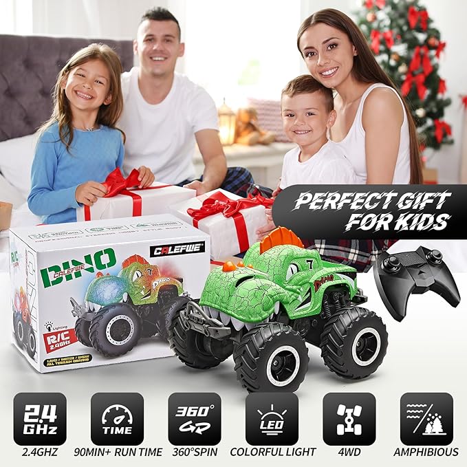 Monster Truck Toys, 1:20 Waterproof Dinosaur Monster Trucks for Boys Age 4-7, 2.4GHz All Terrain RC Cars with 2 Batteries, 360° Rotating Stunt RC Car Toy Birthday Gift for Kids 3-5