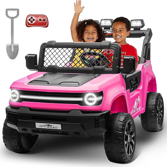 24V Ride on Toys for Big Kids, 2 Seater Electric Car w/22'' Large Seat, Remote Control, Shovel, 4X200W Engines, 4WD/2WD Switchable, Truck Bed Storage, Ride On Truck Toy for Boy Girl, Pink