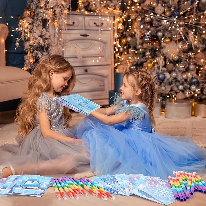 BenLouis 12 Frozen Mini Coloring Books Kids with 12 Stacking Crayons Winter Snowflake Themed Party Favors Small Activity Books Bulk for Kids Frozen Christmas Classroom Party Gift Goodie Bag Stuffers