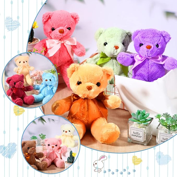 Skylety 10 Pieces Bears Bulk Stuffed Animals Soft Plush Toy Gift Bears with Ribbon Bow for Boys Girls Birthday Wedding Baby Shower Party Favor(Bright Colors)