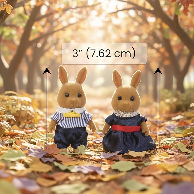 Family Brown Rabbit Figures — Set of 2 Collectible Flocked Mini Dolls with Removable Clothes, Miniature Dollhouse Pretend Play Figures for Kids Ages 3+