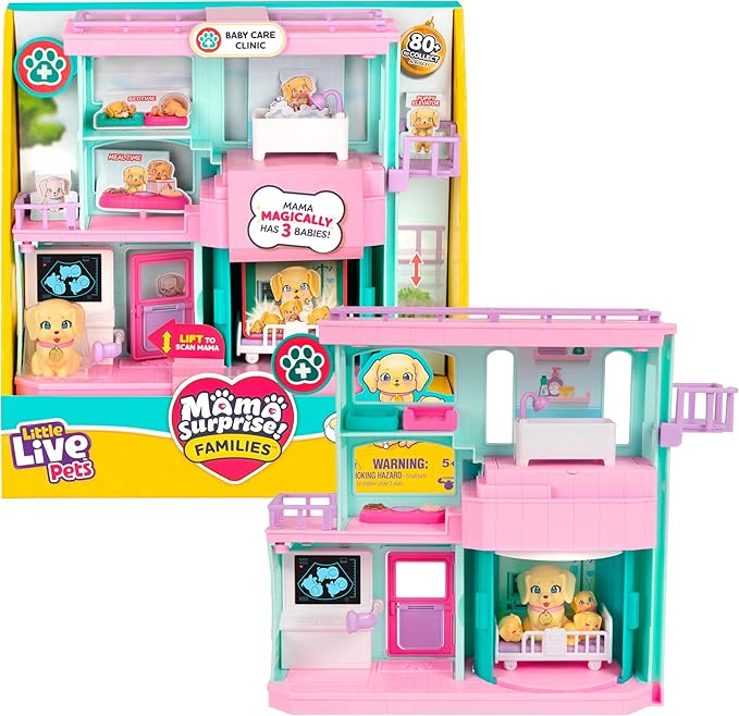 Little Live Pets Mama Surprise Families Pet Vet Playset, Baby Care Clinic Animal Hospital Play Set, 3 Puppies, Accessories, Vet Toy Gifts for Kids 5+