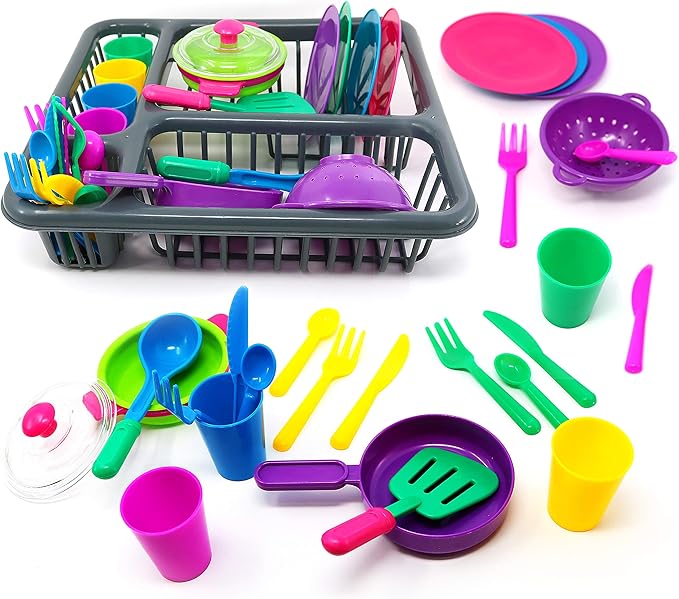 Big Mo’s Toys Pretend Play Dishes Playset – Little Chef Kitchen Set, Kids Cooking Serving Dishes - Play Cups, Pans, Cutlery, Ladle, Tableware, Pots and Dish Drainer, Set of 28