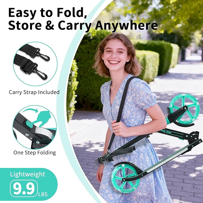 BELEEV V5 Plus Scooters for Kids Ages 6+, Teens with Light-Up Wheels & Deck, 2 Wheel Folding Lightweight Sport Scooter with 4 Adjustable Height, 8-inch Big Wheels, Carry Strap, Max Load 220 lbs