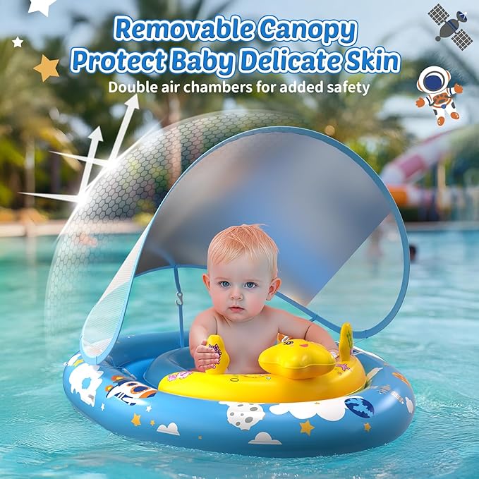 Baby Pool Float with Canopy UPF50+ Sun Protection, Inflatable Kids Pool Floats Infant Swimming Float with Toy Play Console Adjustable Safety Seat for Kids Girls Boys Aged 6-36 Months