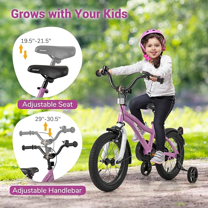 COSTWAY 12/14/16/18 Inch Kids Bike, Children Toddler Bicycle with Training Wheels, Adjustable Seat & Handlebar, Handbrake & Coaster Brake, Reflectors, Bell, Suitable for 3-8 Years Old Boys Girls
