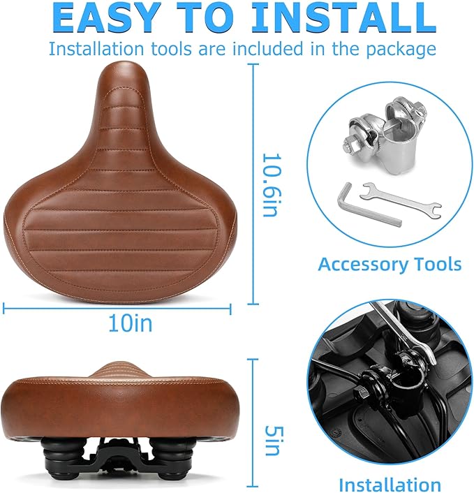 Wide Bike Seat for Men Women Comfort, Large Soft Padded Bicycle Seat Cushion, Oversized Comfortable Replacement Saddle for City & Mountain Bicycle, Beach Cruiser, Ebike, Scooter, Stationary Bike