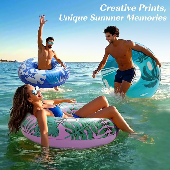 HeySplash Pool Tubes for Adult, 42 Inch Large Pool Floats with Handles, Inflatable Swim Rings Lounge, Hawaii Fun Swim Floaties Swimming Pool Beach Lake River Party Decoration Toys, Pink+Green Leaves