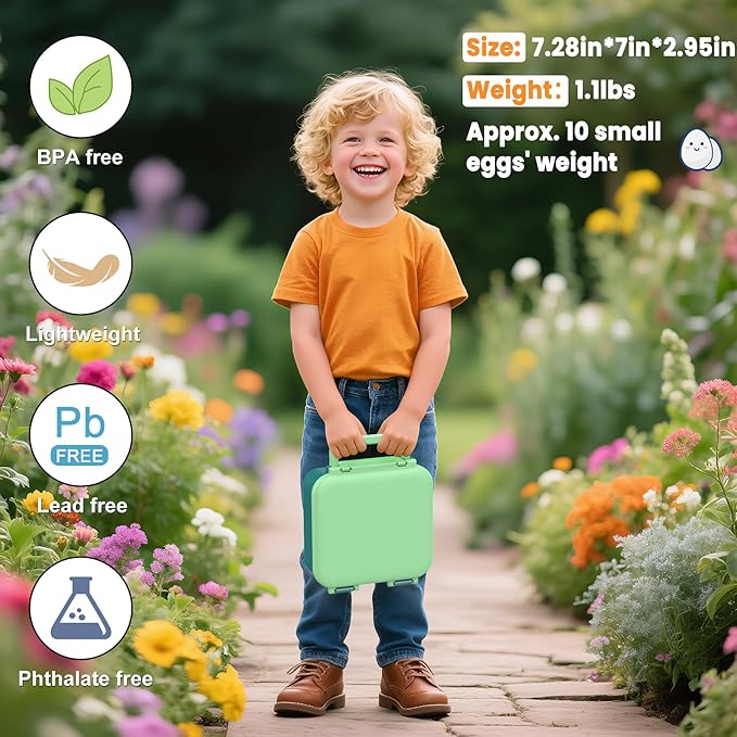 Bento Lunch Box for Kids with 9oz Thermo, Leak-proof Lunch Containers with 3 Compartments,Kids-friendly Size,Durable/Dishwasher Safe Lunch Box for School Outdoors-Green