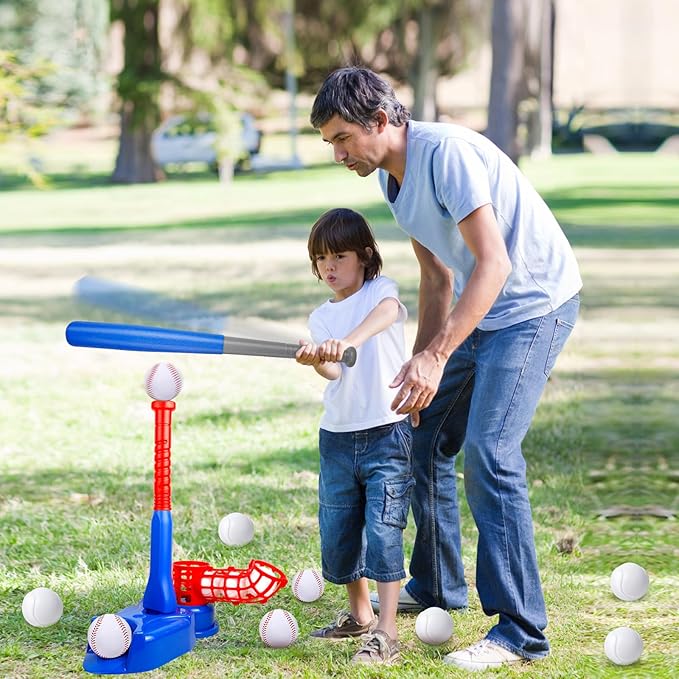 4-in-1 Tee Ball Set for Kids, Adjustable T Ball Set Stand with 6 Balls - Perfect Outdoor Toys for Boys and Girls, Indoor Outdoor Sport Gifts Baseball, Softball, Golf