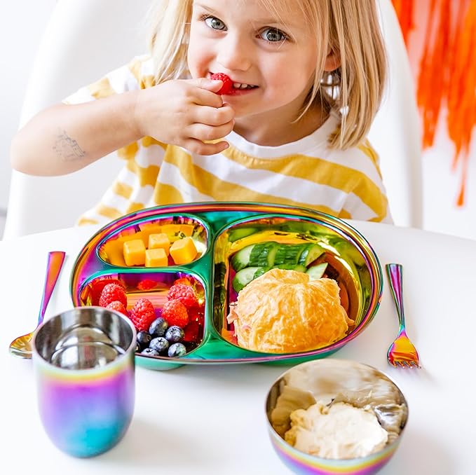 Ahimsa Stainless Steel Kids Dinnerware Set, Pediatrician Designed, 5 Piece Toddler Plates and Bowls Set, Stainless Steel Divided Plate, Cup and Kids Utensils, Rainbow