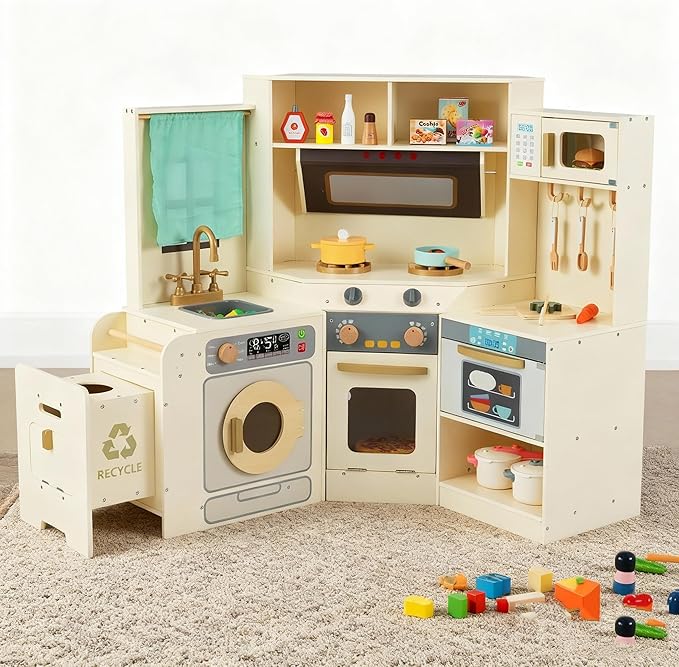 Costzon Corner Play Kitchen, Large Pretend Play Kitchen w/Real Light & Sound, Pull-Out Trash Can, Stoves, Microwave, Oven, Washer, Little Chef Wooden Kitchen Playset for Kids 3+ Years Old (Off White)