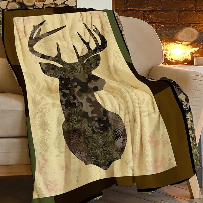 Deer Blanket Camo Hunting Throw Blanket Cozy Plush Dad Elk Fleece Flannel Ultra Soft Blankets Lightweight Fuzzy Warm Gifts for Adults Men 50"X40"