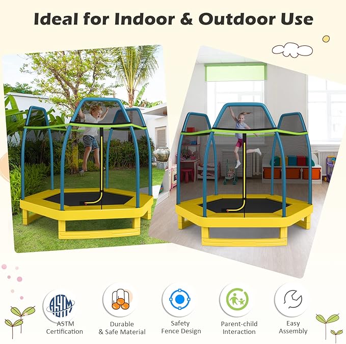 GYMAX Trampoline for Kids, 7FT Toddler Trampoline with Safety Enclosure Net & Seamless Spring Pad, Heavy Duty Small Indoor/Outdoor Trampoline for Boys, Girls Age 3+