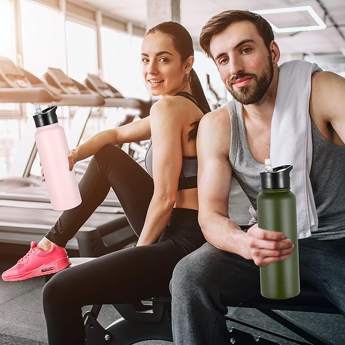 VEGOND 40 oz Insulated Water Bottle Bulk Stainless Steel Metal Water Bottles with Leak Proof Straw Lid & Spout Lid, Wide Mouth Double Walled Vacuum Travel Sports Bottle, 4 Pack