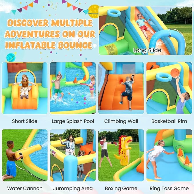 AKEYDIY Kids Bounce House with Long Slide,Ball Pit,Climbing Wall, Large Water Park W/GFCI Blower,Adventure Slide Park Inflatable Water Park for Kids Indoor Backyard